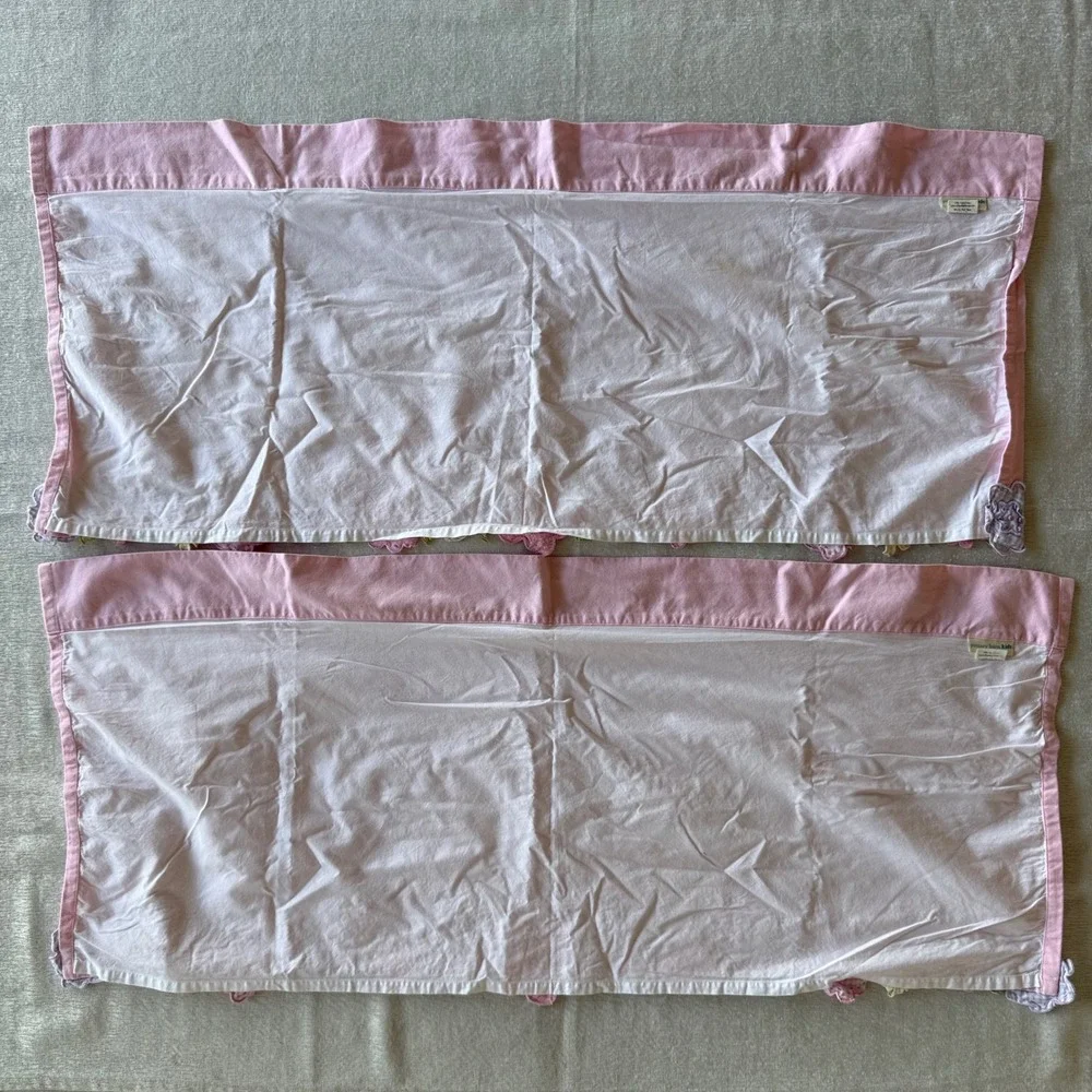 Set of 2 Pottery Barn Kids Pink Floral Curtain Valances Embroidered Cotton